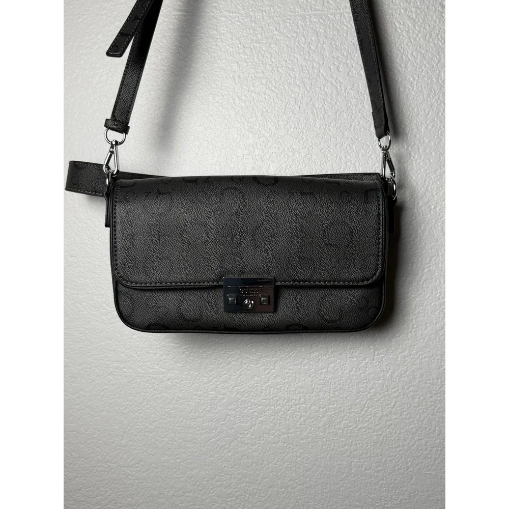 GUESS Black Logo Flap Crossbody Shoulder Bag Silver Hardware Adjustable Strap
